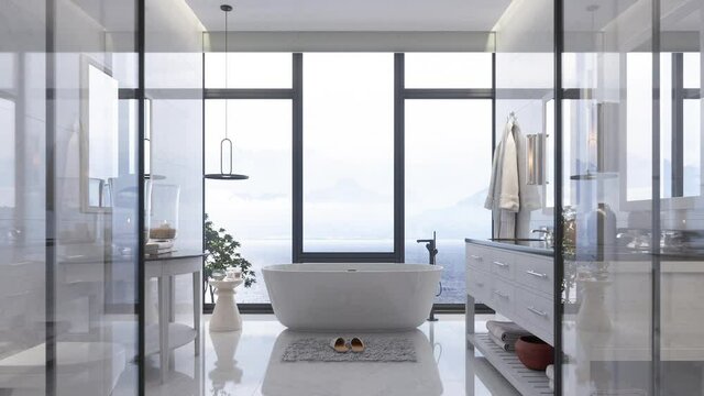 Luxury Bathroom Interior With Bathtub And Beautiful Sea View
