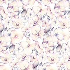 Seamless pattern with colorful flowers hydrangea and gray leaves. Watercolor floral pattern