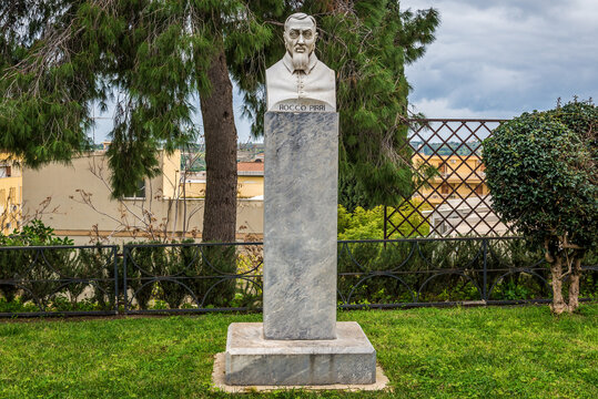 Noto, Italy - December 15, 2016: Bust of Rocco Pirri in mall park next to historic part of Noto city, Sicily in Italy