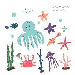 Collection of underwater cute  animals. Octopus, crab, jellyfish, seastars, fish illustrations. 