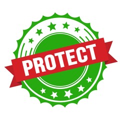 PROTECT text on red green ribbon stamp.