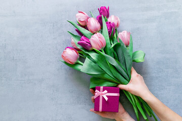 Women's hands  hold a bouquet of tulips and a gift box on a gray background. Gift