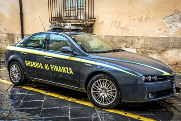 Noto, Italy - December 15, 2016: Ministry of Economy and Finance police forces car in historic part of Noto city, Sicily in Italy