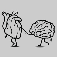 Heart-Brain Mind-Feelings black and white line art - Vector art illustration