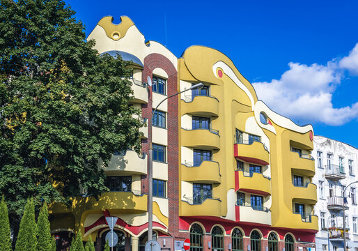 Olsztyn, Poland - August 24, 2017: Buildings on Feliks Nowowiejski Street in Olsztyn