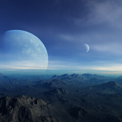 3d rendered Space Art: Alien Planets - A Fantasy Landscape with blue skies and clouds