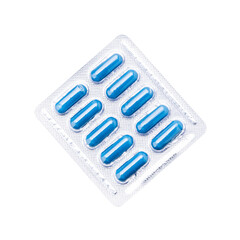 blue pill pack isolated on white background. drug blister cut out