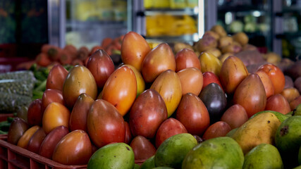Selection of organic tomatoes on display at the market stall Andean tomato or tamarillo. Sachatomate, scientific name solanum betaceum.