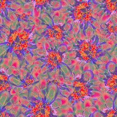 Fototapeta na wymiar Blue, pink, lilac, purple and red flowers seamless pattern. Fashion botanical print. For textile, fabric, packaging, paper, fashion.