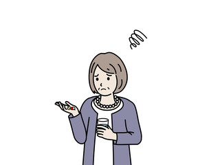 錠剤　サプリ　薬が飲めない　年配の女性　シニア　高齢者　困る　不安　悩む　イラスト素材