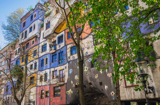 Vienna, Austria - April 13, 2018: Facade of Hundertwasserhaus characteristic residential building in Vienna city