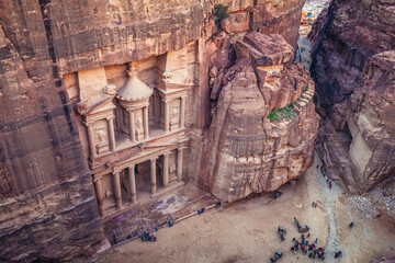 View on Al Khazneh - The Treasury, one of main landmarks of Petra historic and archaeological city, Jordan