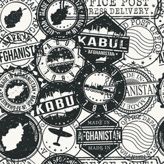 Kabul, Afghanistan Set of Stamps. Travel Passport Stamps Pattern. Made In Product. Design Seals in Old Style Insignia Seamless. Icon Clip Art Vector Collection.
