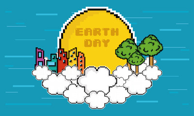 PIxeled metropolis celebrating earth day - Vector illustration
