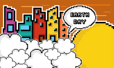 PIxeled metropolis celebrating earth day - Vector illustration