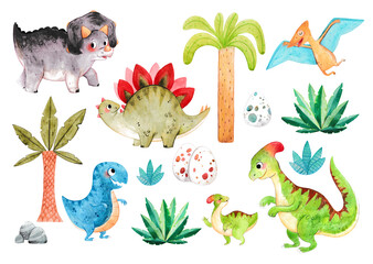 Fototapeta na wymiar Cute watercolor dinosaurs. Watercolor illustration. This illustration is suitable for decorating the walls in the children's room, as well as for funny greeting cards and stickers.