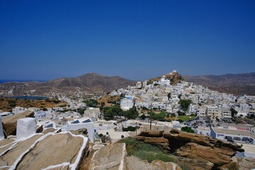 View of the beautiful village of Ios cyclades Greece also known as Chora