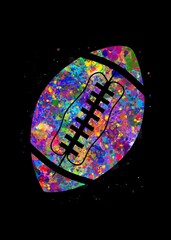 American Football ball watercolor art with black background, abstract sport painting. ball art print, watercolor illustration rainbow, colorful, decoration wall art.