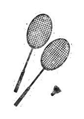 Badminton Rackets and shuttlecock black and white watercolor art, abstract sport painting. ball art print, watercolor illustration rainbow, greyscale, decoration wall art.