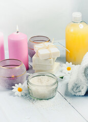Handmade soaps and bath salts. Spa concept.