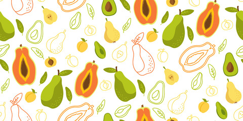 Exotic hawaiian fruit line seamless pattern. Papaya, avocado, pear apricot wallpaper tropical summer texture food. Hand drawn fruit textiles, wallpaper, webdesign. Design Isolated vector illustration