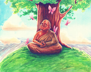 Buddhist in yellow clothing sits in meditation and bodhi tree by watercolor painting art, hand drawn Buddha in concentration in a state of Samadhi, yogi on retreat, enlightened, teacher illustration.