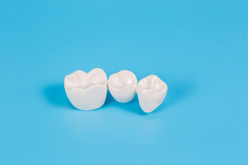 Plastic dental crowns, imitation of a dental prosthesis of a dental bridge