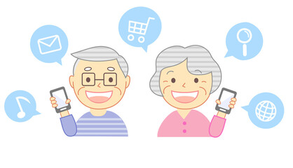 Elderly people and icons using smartphones