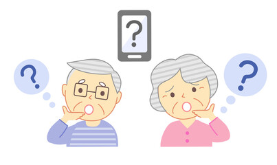 Elderly people with doubtful facial expressions and smartphones