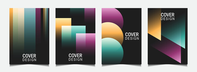 Set of trendy gradient cover design abstract universal background template with colorful line on black color shapes. Vector a4 layout can use modern poster, flyer, annual report, book, presentation