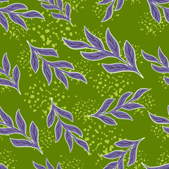 Scrapbook nature seamless pattern with doodle purple branches silhouettes print. Green background with splashes.