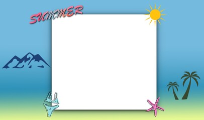 Obraz premium Summer background Chasing blue and yellow Leave white space for the text. Decorated with symbols of the sun, mountains, swimwear, starfish and coconut trees.