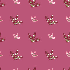 Scrapbook seamless pattern with doodle simple leaf shapes. Pink background. Botanic abstract ornament.
