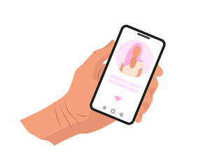 Male hand holding mobile phone with abstract dating app profile. Cool vector concept of online dating application, flat design