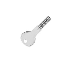 House door lock key on white background isolated close up, single silver metal key, one steel key, home safety concept, design element