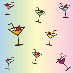 wine glass with cherry and straw. coctail party icon. rainbow background. black outline. repeat pattern, hand drawn vector. doodle art for wallpaper, cover, backdrop, wrapping paper, fabric, poster. 