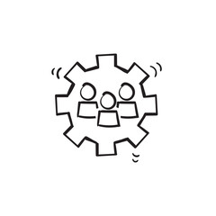 hand drawn doodle people and gear symbol for teamwork illustration vector