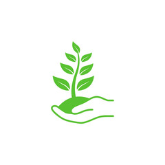 Hand holding plant vector illustration. Greening concept.