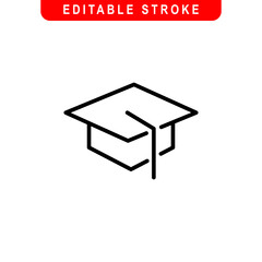 Graduation Cap Outline Icon. Graduation Hat Line Art Logo. Vector Illustration. Isolated on White Background. Editable Stroke