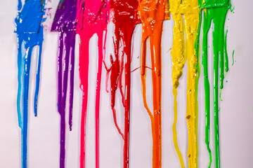 blue ,purple, pink, red,orange, yellow and green are slowly dripping from color scoop handle..and slowly spread onto the white paper.