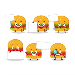 Hamburger cartoon in character bring information board