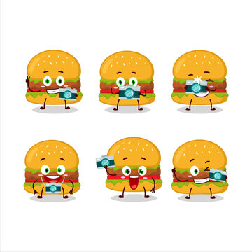 Photographer profession emoticon with hamburger cartoon character