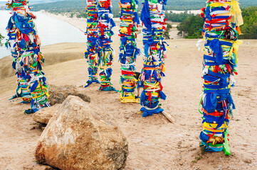 Wooden shaman totems at Burhan Cape, Baikal Lake, Russian Federation