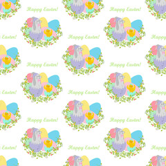 Easter rabbit and chicken in egg seamless pattern