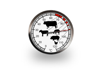 Meat thermometer isolated on a white background with soft shadow. The thermometer shows 90 degrees