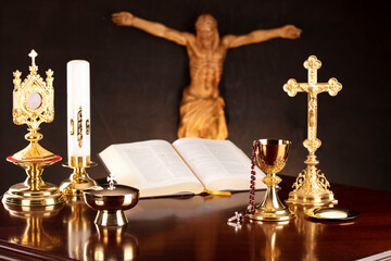 Religious holiday – Easter. Catholic symbols composition. Jesus figure, The Cross, monstrance, ...