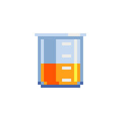 Chemical flasks pink color, abstract pixel art icon. Glass flask. Test-tube and vial chemical technology symbol. 8-bit style. Isolated vector illustration.