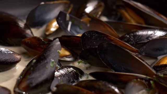 Fresh delicious mussels in kitchen pan with aromatic herbs and cream sauce. Close-up of steamed mediterranean molluscs prepared in black pan.