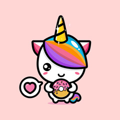 vector design of cute cartoon unicorn holding a donut