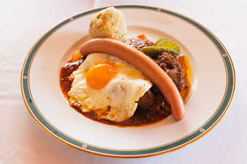 Fiakergulasch or Herrengulasch Viennese Beef Goulash Garnished with a Bread Dumpling, Frankfurt...